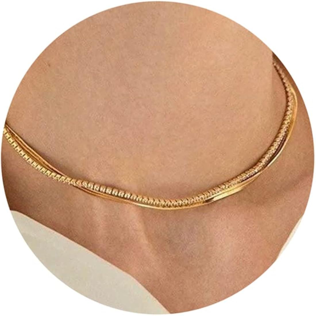 Tewiky Herringbone Necklace for Women Dainty 14k Gold Snake Chain Necklace Layered Gold Herringbone  | Amazon (US)