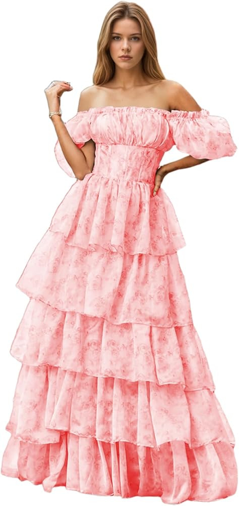 Tiered Prom Dress Off The Shoulder Formal Evening Gown Ruffles A Line Sweet 16 Dresses | Amazon (US)