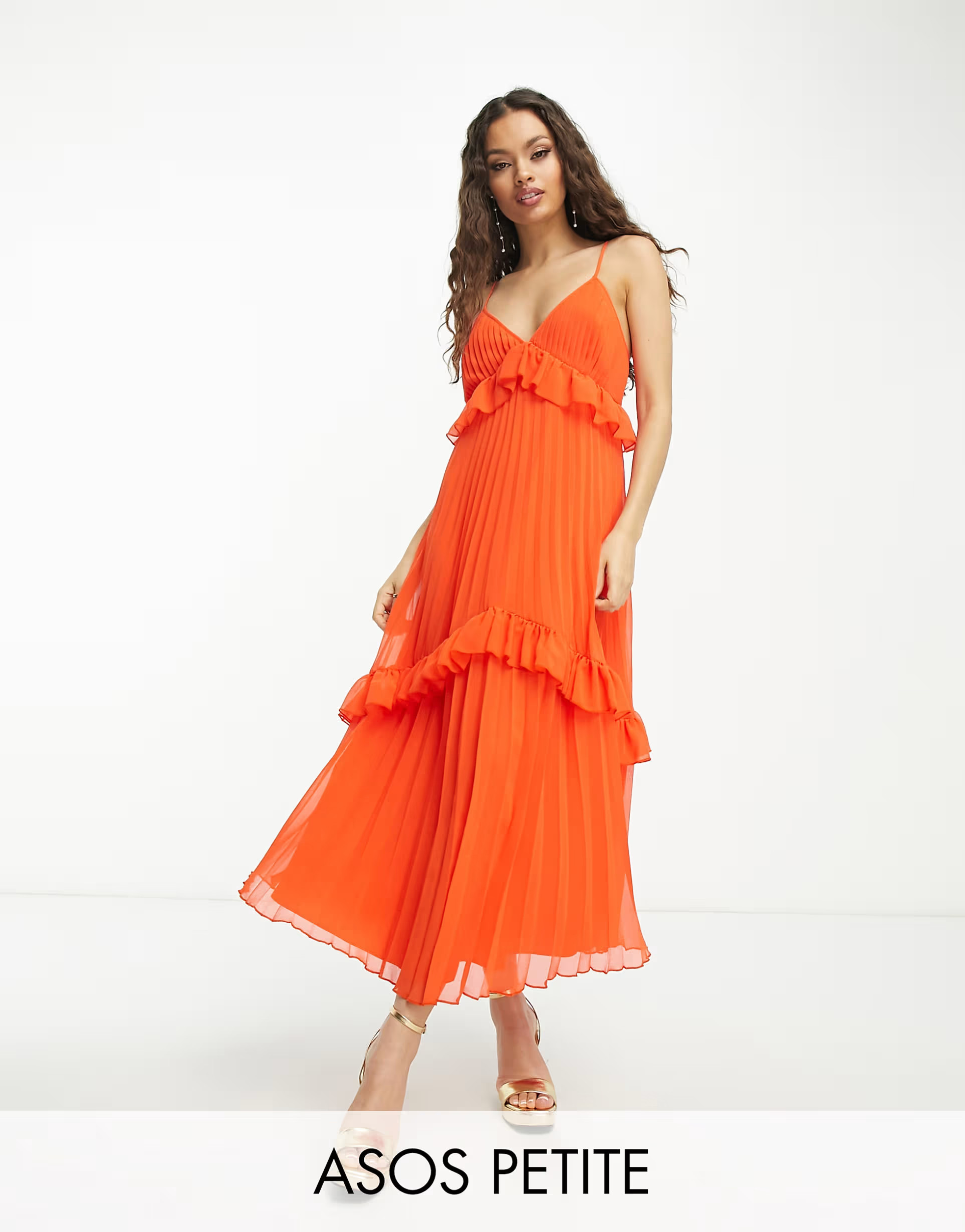 ASOS DESIGN Petite strappy pleated midi dress with frills in orange | ASOS (Global)