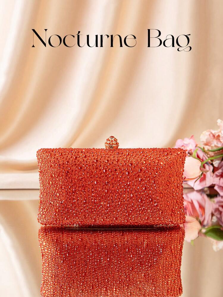 1pc Orange Glitter Double-Sided Rhinestone Decor Clutch Bag, Metal Chain Shoulder Strap, Elegant Evening Bag Suitable For Formal Occasions, Weddings, Parties, Festivals, Gift For Women | SHEIN