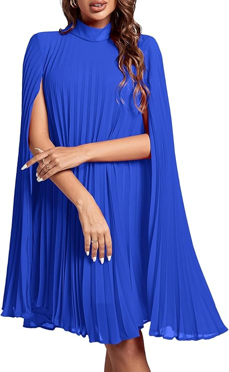 Rooscier Women's Mock Neck Cloak Sleeve Pleated Keyhole Back Flowy Party Midi Dress | Amazon (US)