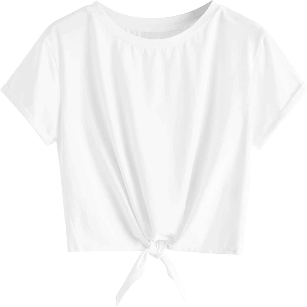 Romwe Women's Knot Front Cuffed Sleeve Striped Crop Top Tee T-Shirt | Amazon (US)