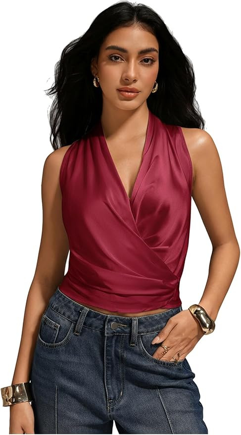 SHENHE Women's Satin Wrap Ruched Tie Side Tank Top Deep V Neck Sleeveless Elegant Blouse | Amazon (US)