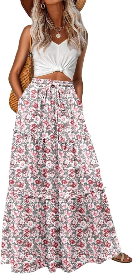 Womens Casual Boho High Waisted Flowy Maxi Skirts Tiered Floral Long Skirts with Pockets for Summ... | Amazon (US)