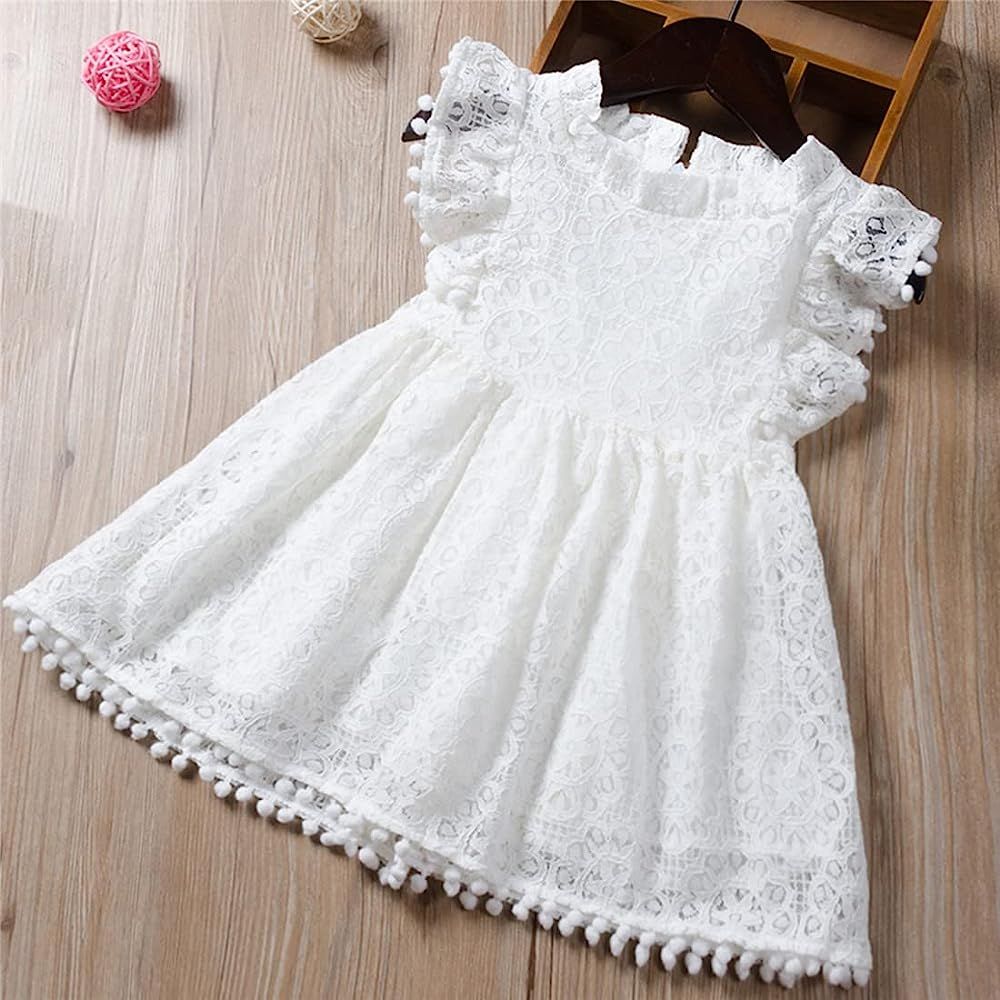 Niyage Toddler Girls Elegant Lace Pom Pom Flutter Sleeve Party Princess Dress | Amazon (US)