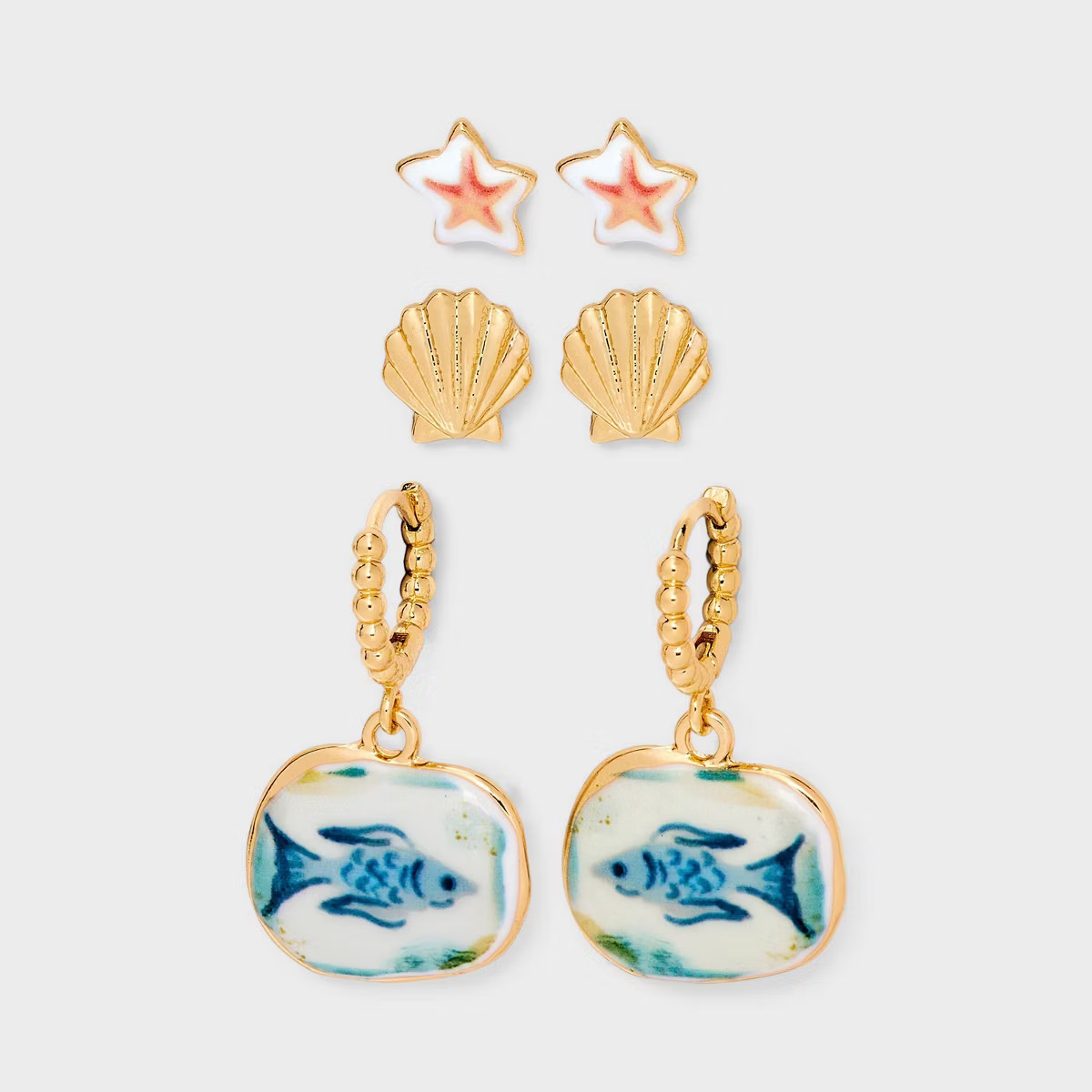 Fish and Shell Earring Set 3pc - Universal Thread™ Gold: Nickel-Free Metal, Post Closure, Butto... | Target