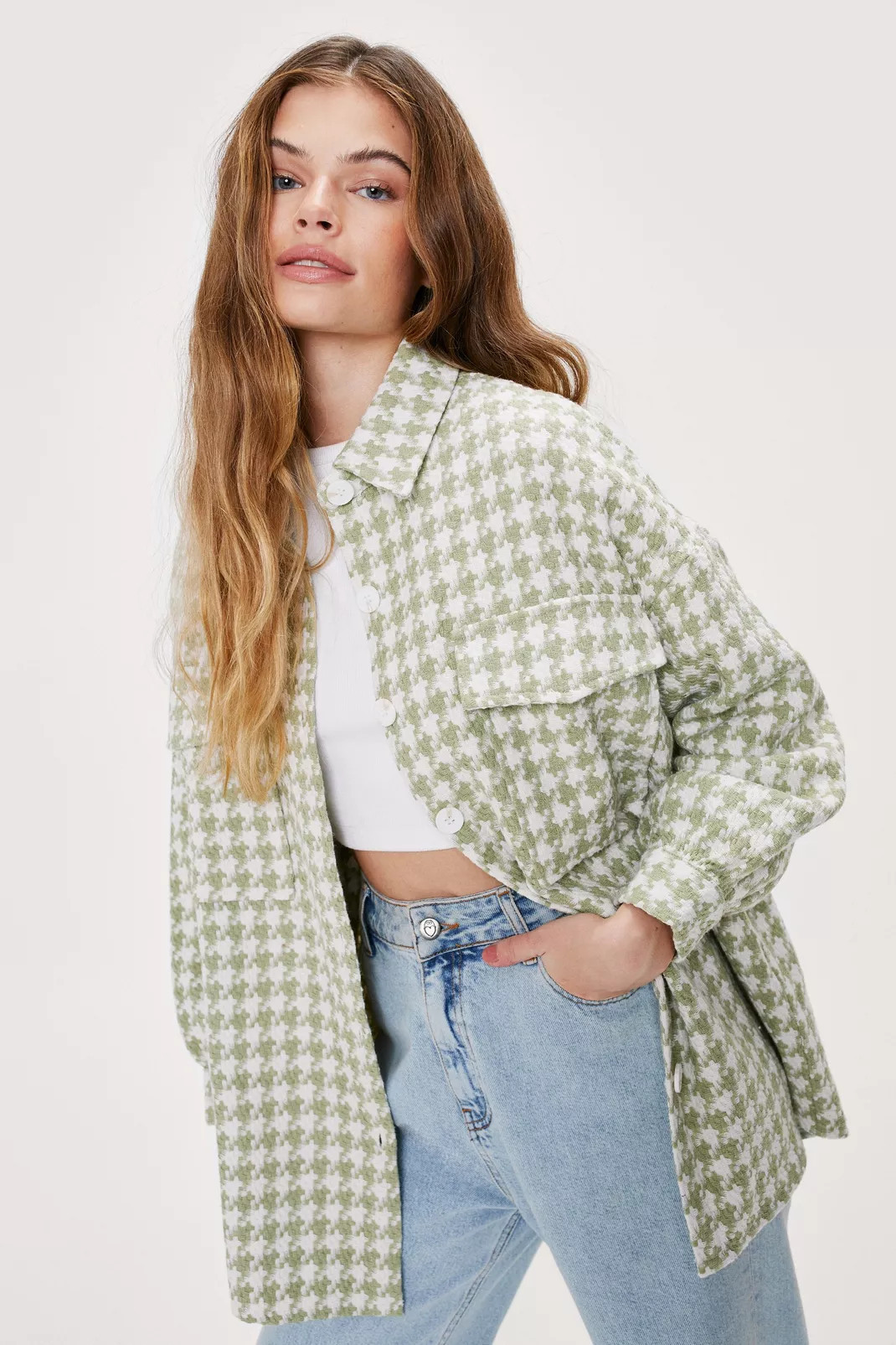 Long Sleeve Houndstooth Print Shirt Jacket | NastyGal (FR)