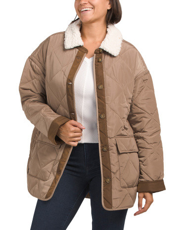 Oversize Quilted Coat With Curly Faux Fur Collar | Marshalls