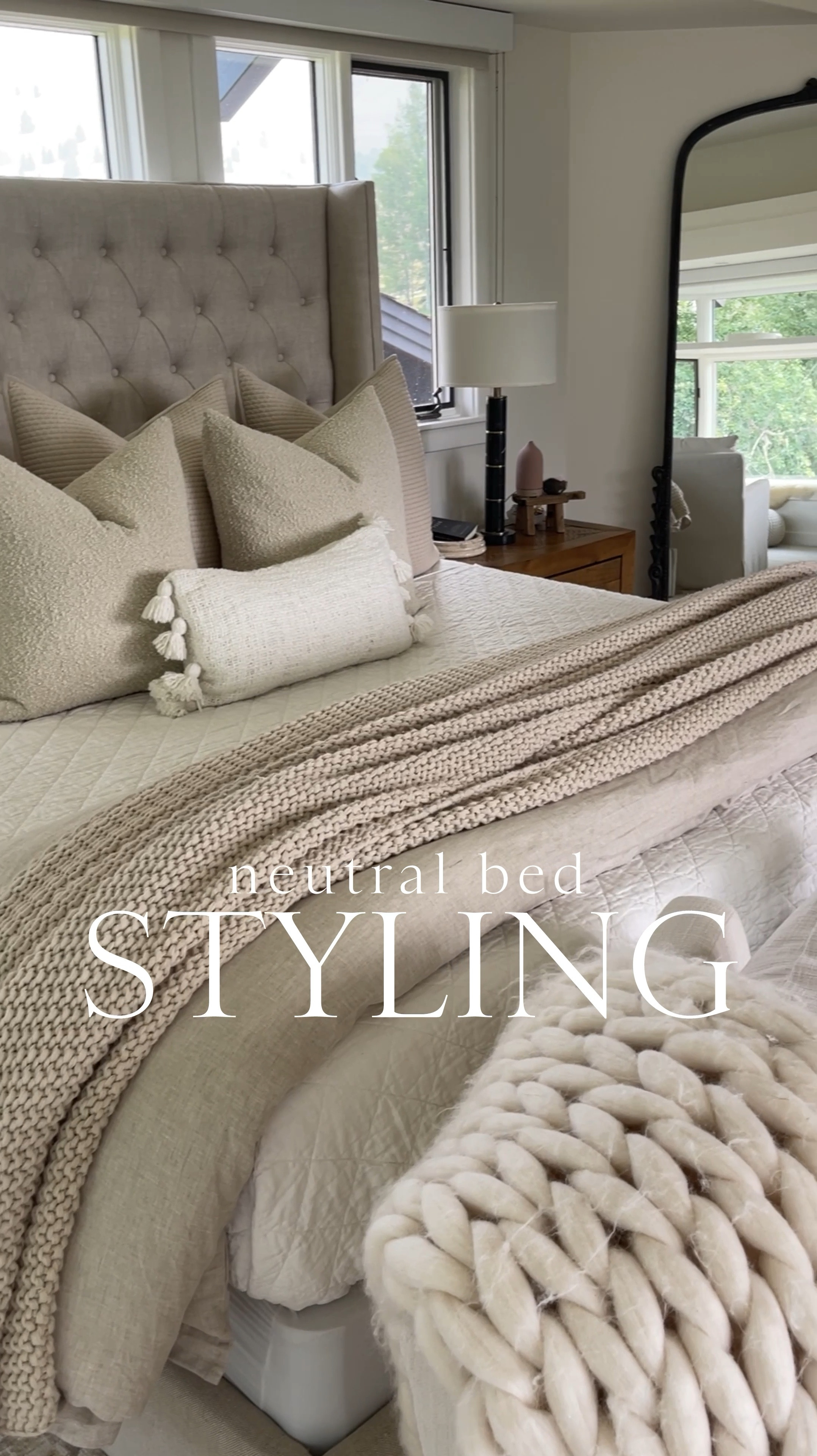 STYLING \ my current neutral bed🤍 Here’s what I used to style it💁🏻‍♀️
+ bamboo sheets (CE)
+ linen quilt, white (Amazon)
+ linen duvet cover, beige (Amazon)
+ fluffy duvet insert (Amazon)
+ knit bed blanket, beige (Target)
+ 3 euro sham covers (SL)
+ 3 euro inserts (Amazon)
+ 2 bouclé pillow covers (Amazon)
+ 2 pillow inserts (Amazon / size up)
+ 1 tassel lumbar pillow (Walmart)

#LTKFindsUnder100 #LTKHome #LTKVideo