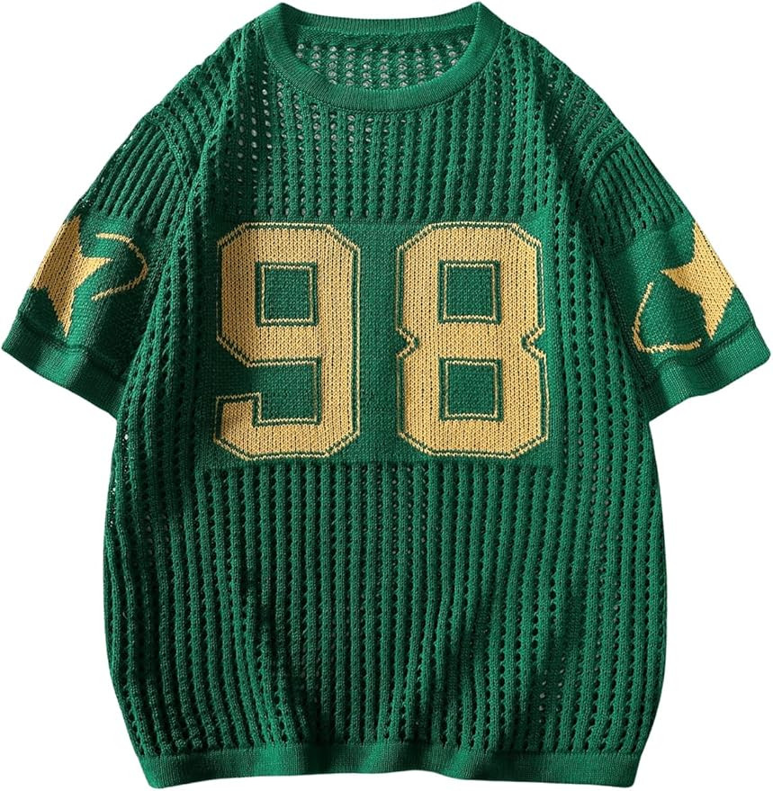 BEAUDRM Women's Y2K Jersey Shirts Oversized Number Crochet Hollow Out Jersey Tee Sweater Crew Nec... | Amazon (US)