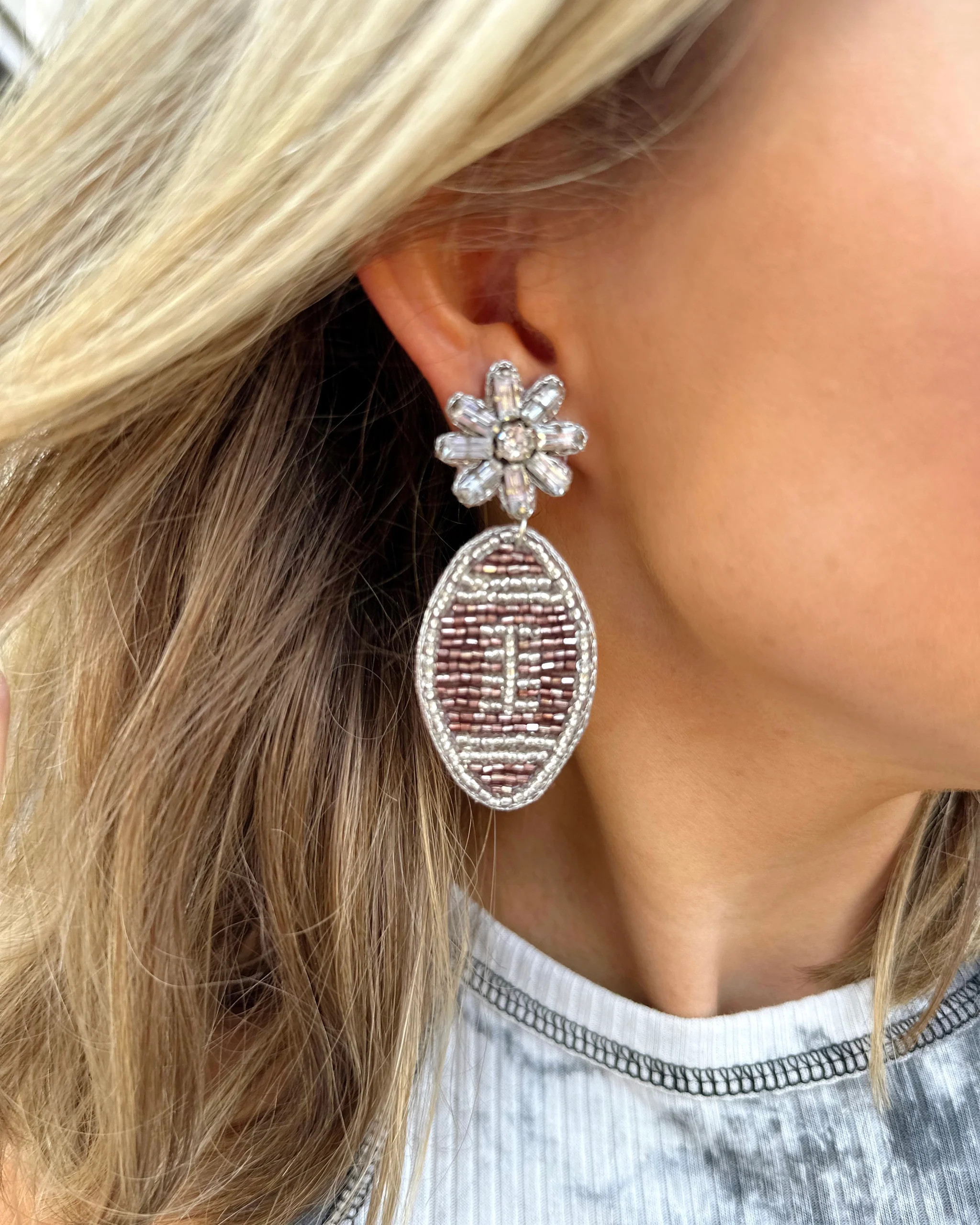 Silver/Brown Sparkle Football Beaded Earrings | Live Love Gameday®