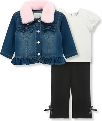 Habitual Kids Knit Denim Jacket with Faux Fur Collar, T-Shirt & Pants Set | Nordstrom | Nordstrom