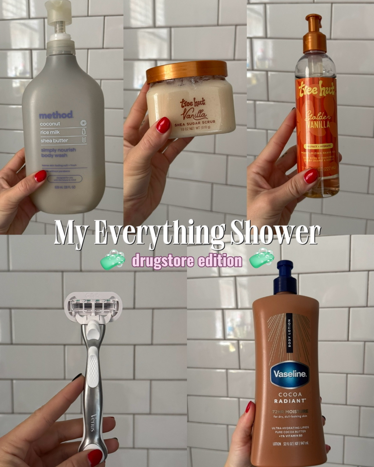 an everything shower doesn’t have to break the bank! here are some of my favorite affordable body care products that feel expensive! 1: method body wash gentle body wash with clean ingredients! 2: tree hut shea sugar scrub truly leaves my skin feeling so silky & soft 😌 3: tree hut shaving oil the best for prepping to shave! it protects & allows for a closer shave 4: gillette venus razor literally feels like a luxury razor! it’s $16 for the handle & 2 razor refills 5: vaseline cocoa radiant lotion i seriously hated lotion until i tried this one! it’s so good! my skin has never felt so hydrated before.  #everythingshowerroutine #everythingshower #drugstorebodycare #bodycarerecommendation 

#LTKselfcare