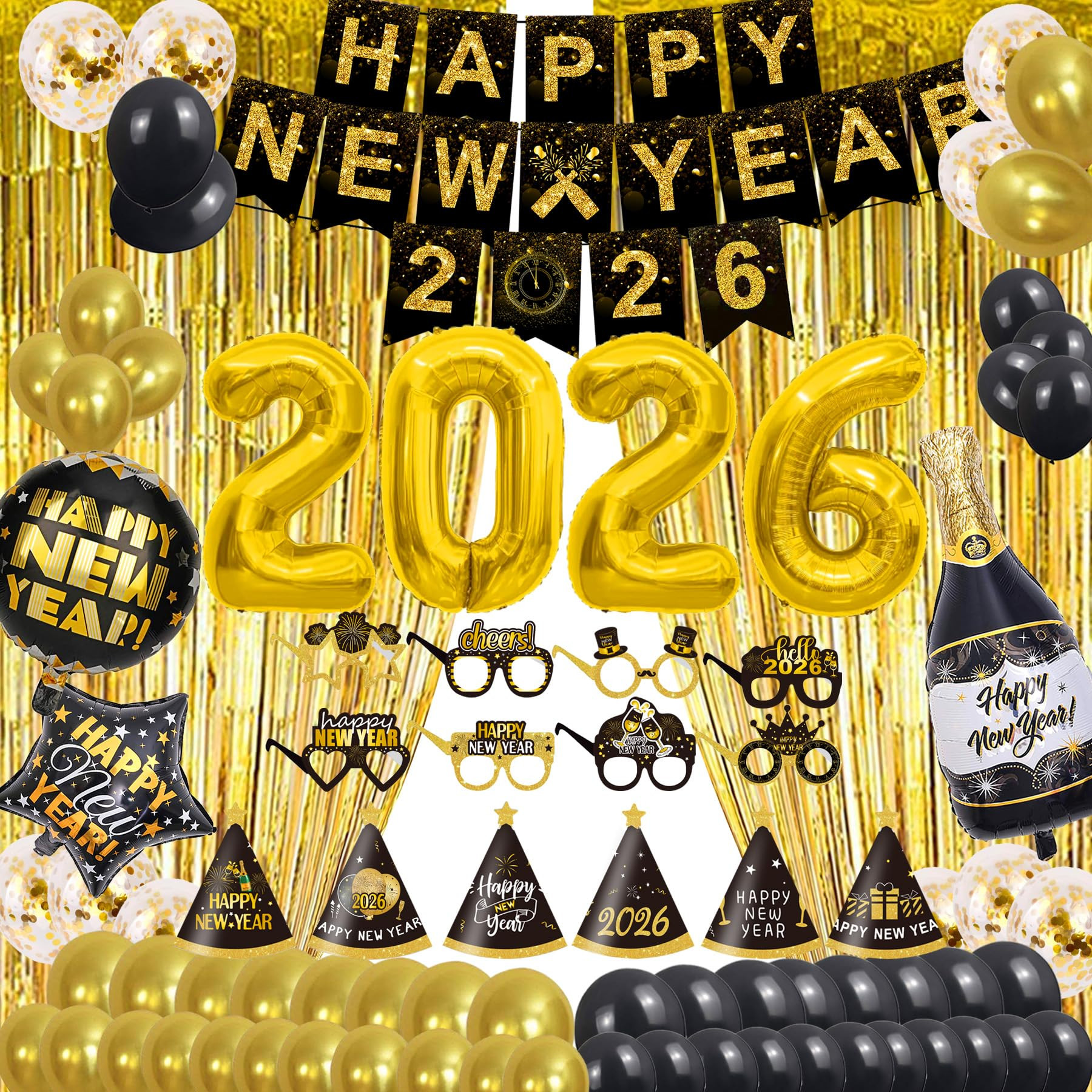 2026 Happy New Year Party Supplies - Hats, Banner, Glasses, Foil Balloon and Fringe Curtains, Swi... | Amazon (US)