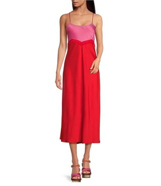 Gianni Bini x DANNIJO Helena Satin Two-Tone Color Block Scoop Neck Maxi Slip Dress | Dillard's | Dillard's