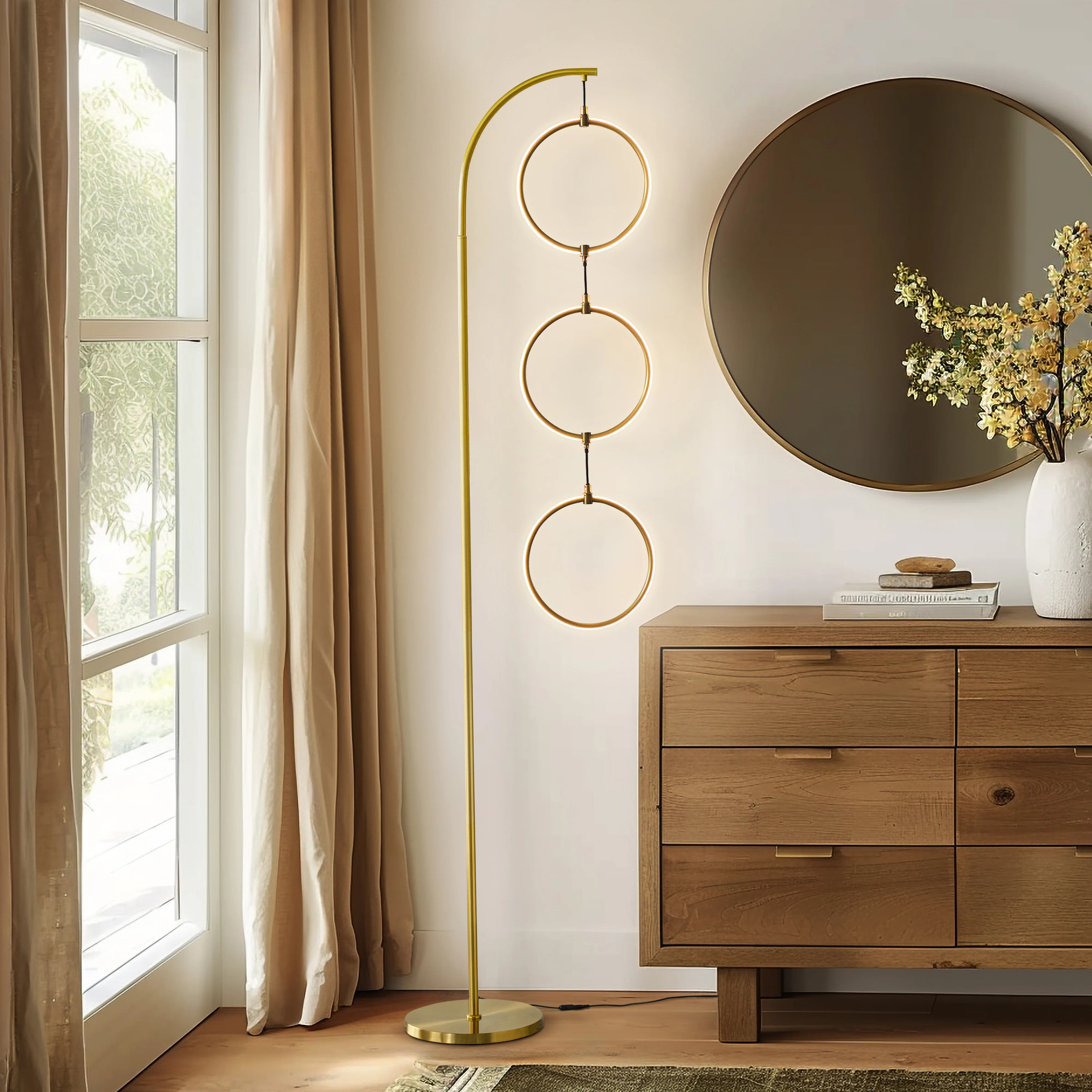Nova 74" Modern Industrial Arched LED Floor Lamp with Gold Brass Finish, Hanging Ring Lights, and... | Wayfair North America