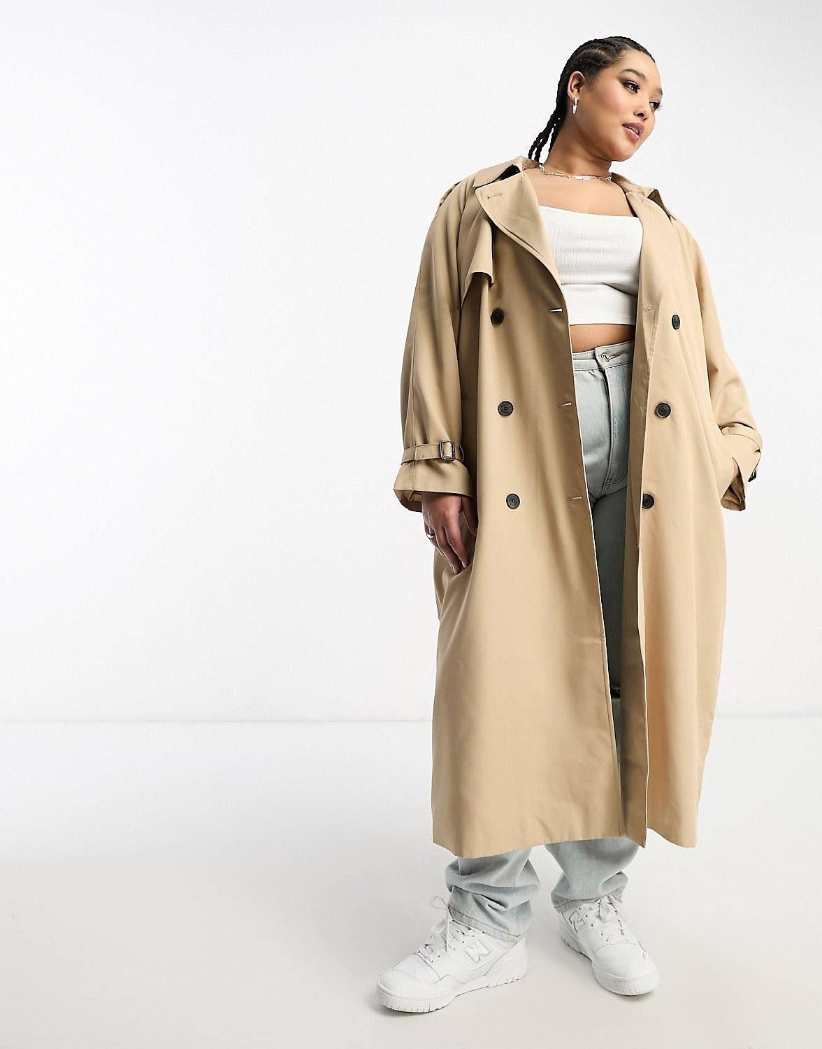 Only Curve double breasted trench coat in camel | ASOS (Global)
