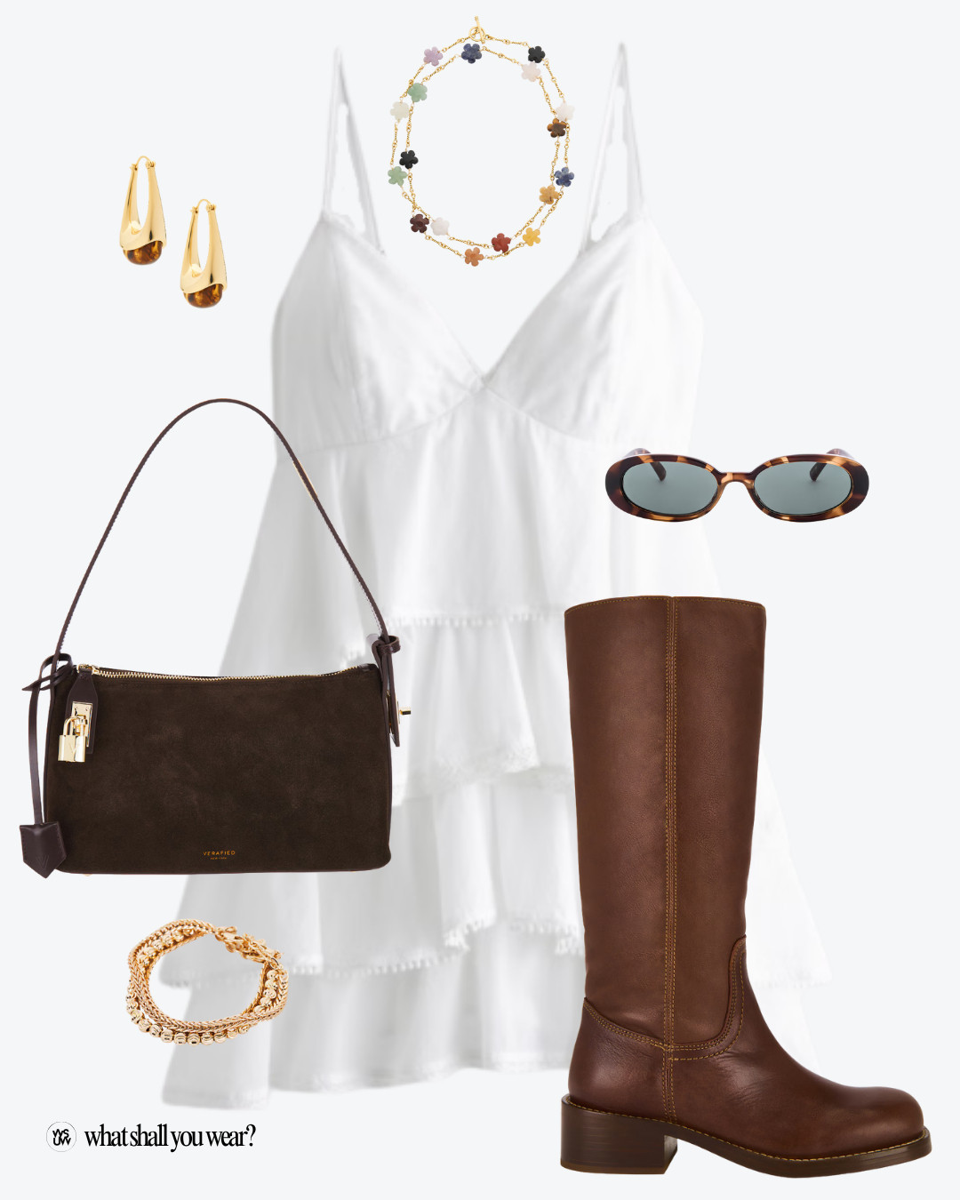 Fall transitional outfit idea, ruffle dress, boho dress, tiered dress, white dress, brown boots, campus boots, fall boots, suede purse, brown purse, shoulder bag, hobo bag, tortoise shell sunglasses, fall sunglasses, colorful necklace, beaded bracelets, tortoise shell earrings, statement earrings, statement necklace 

 #LTKSeasonal #LTKShoeCrush #LTKItBag