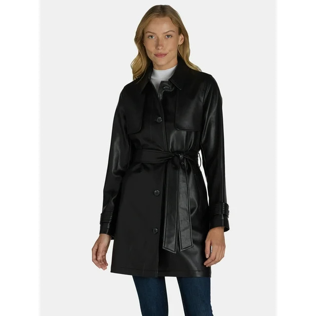 Time and Tru Women's and Women's Plus Faux Leather Trench Coat, Sizes XS-3X | Walmart (US)