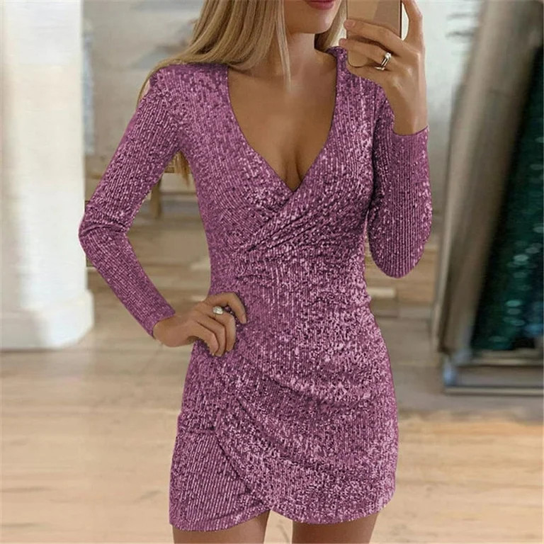 Stamens Womens Sparkly Sequin Short Dress Deep V-Neck Long Sleeved Elegant Party Sheath Dress For... | Walmart (US)