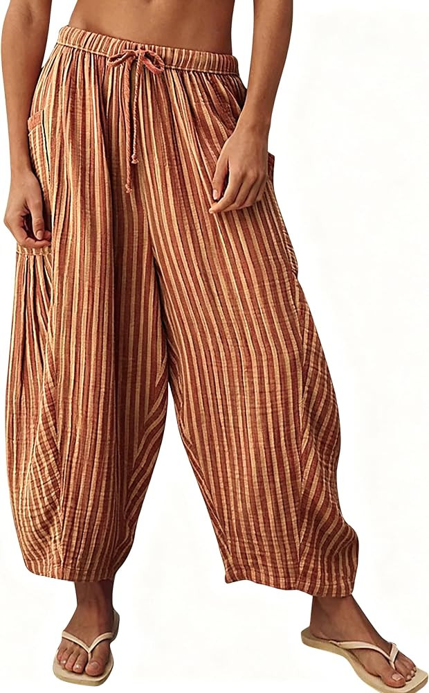 MISSACTIVER Women Summer Striped Harem Pants Flowy Baggy Casual Wide Leg Trousers Drawstring Boho... | Amazon (US)