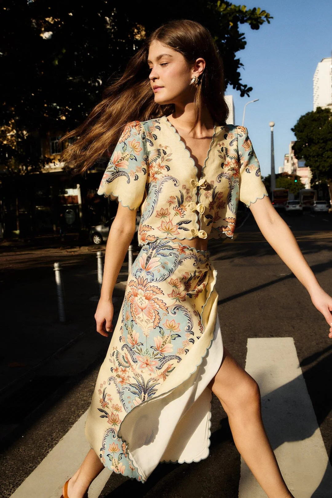 Butter Yellow Boho Beauty Euroflax Premium Linen Midi Skirt | FarmRio (US)