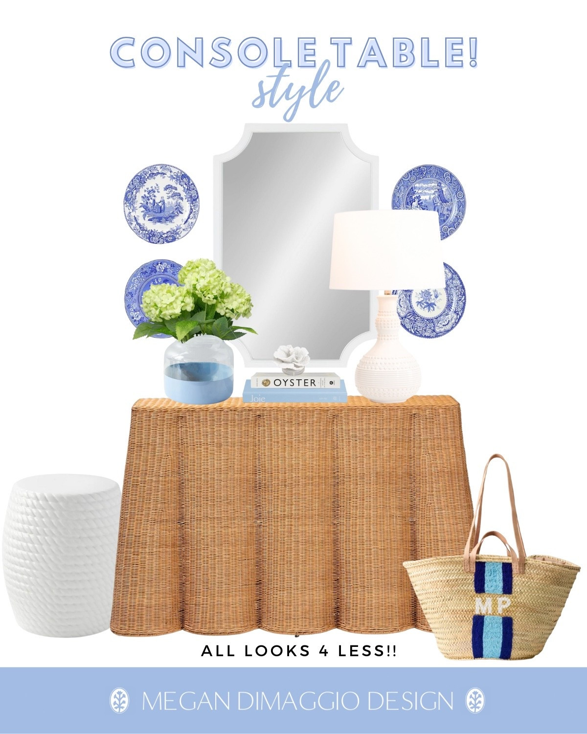 New pretty coastal console table styling using all looks for less!! This rattan scalloped console table is a best seller and I love it paired with this simple white arched mirror and these pretty blue & white plates!! This white lamp is a great look for less, and I love this cornflower blue dip dye vase (on Major sale!!) And how pretty is this monogrammed striped market tote?! 😍 

#LTKSaleAlert #LTKHome