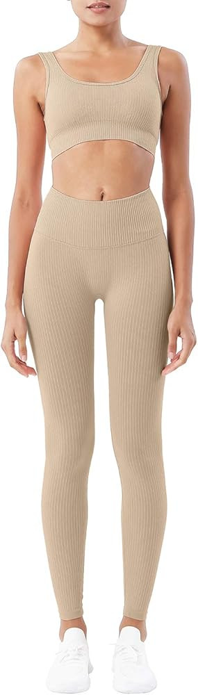 HAODIAN Women's Ribbed Workout Sets Soft Seamless Yoga Outfits 2 Piece | Amazon (US)