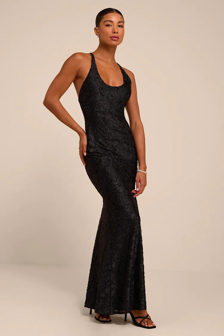 Renissa Black Burnout Velvet Backless Mermaid Maxi Dress | Lulus