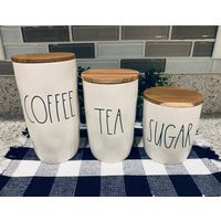 Rae Dunn Ceramic Canisters- Coffee, Tea, Sugar - Wooden Cellar Lids Farmhouse | Etsy (US)