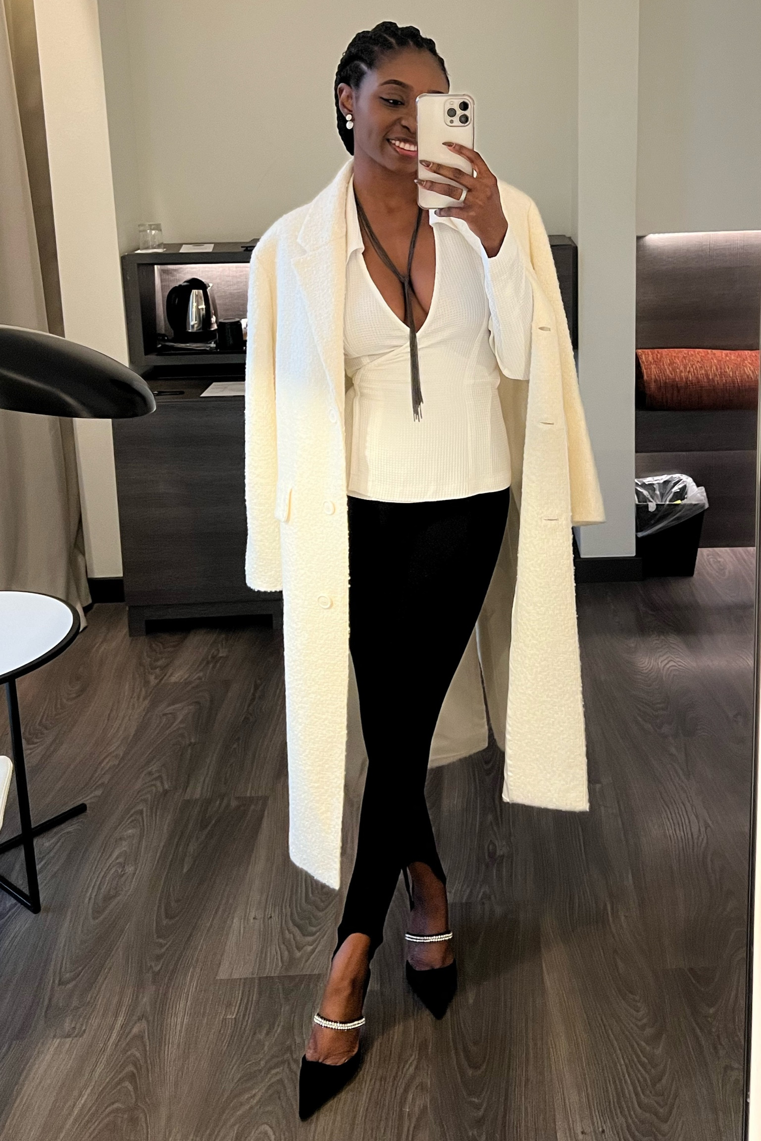 White coat with a white wrap top paired with #mango leggings.

#LTKit

#LTKFind #LTKfit #LTKstyletip