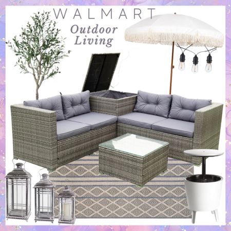Outdoor living room , patio umbrella , outdoor sectional, lanterns , cooler table , outdoor area rug, olive tree , faux tree , Solar lighting , Solar cafe patio lights / outdoor home / Mother’s day

 #LTKhome #LTKstyletip
