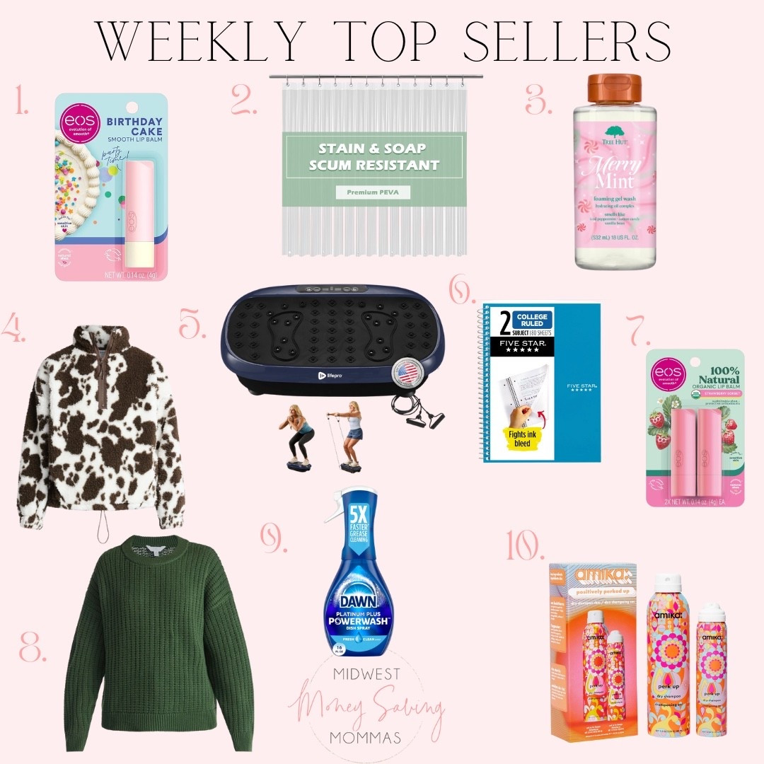 Weekly top sellers

Best sellers  lip balm  shower liner  body wash  jacket  sweater  exercise plate  spiral notebook  amika dry shampoo  dawn dish soap 

#LTKFindsUnder50 #LTKSeasonal #LTKHome