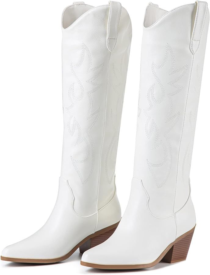 Women's Cowboy Boots Knee High Seam Mid Heel Block Heel Almond Pointed Toe Fashion Classic Cowgir... | Amazon (US)