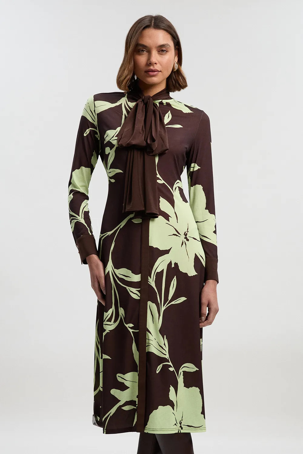 Floral Print Bow Detail Ruched Long Sleeve Crepe Maxi Dress | Karen Millen US