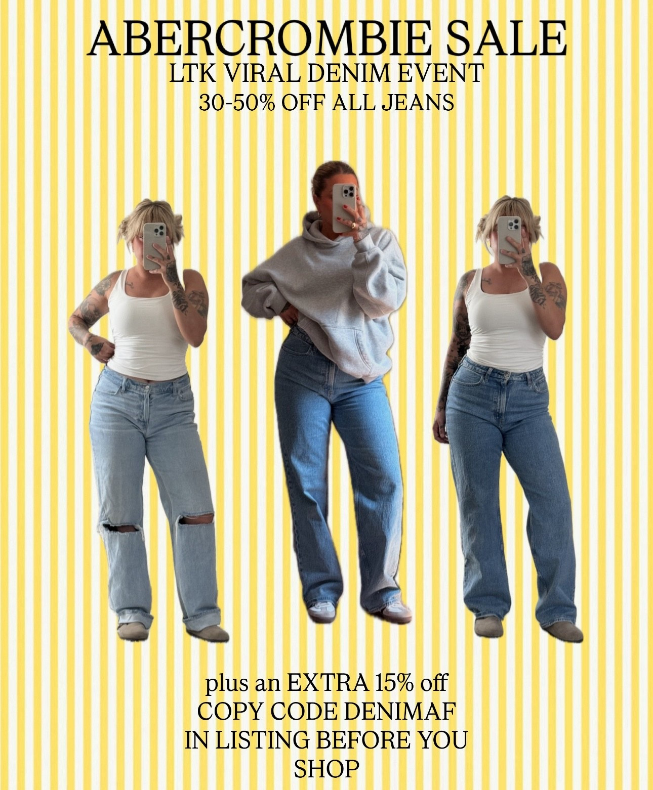 Abercrombie Viral Denim Event is HERE!
Abercrombie just dropped 30–50% off all jeans + stack code DENIMAF for an extra 15% off 🙌  free shipping on qualifying orders too. ends August 11—don’t wait, sizes go fast!!!! 

how to shop:
1.	Tap any image to shop my linked Abercrombie denim picks.
2.	Add your favorites to your cart.
3.	Enter DENIMAF at checkout for the extra 15% off.

Linked my denim faves so you can grab your size before it’s gone!
