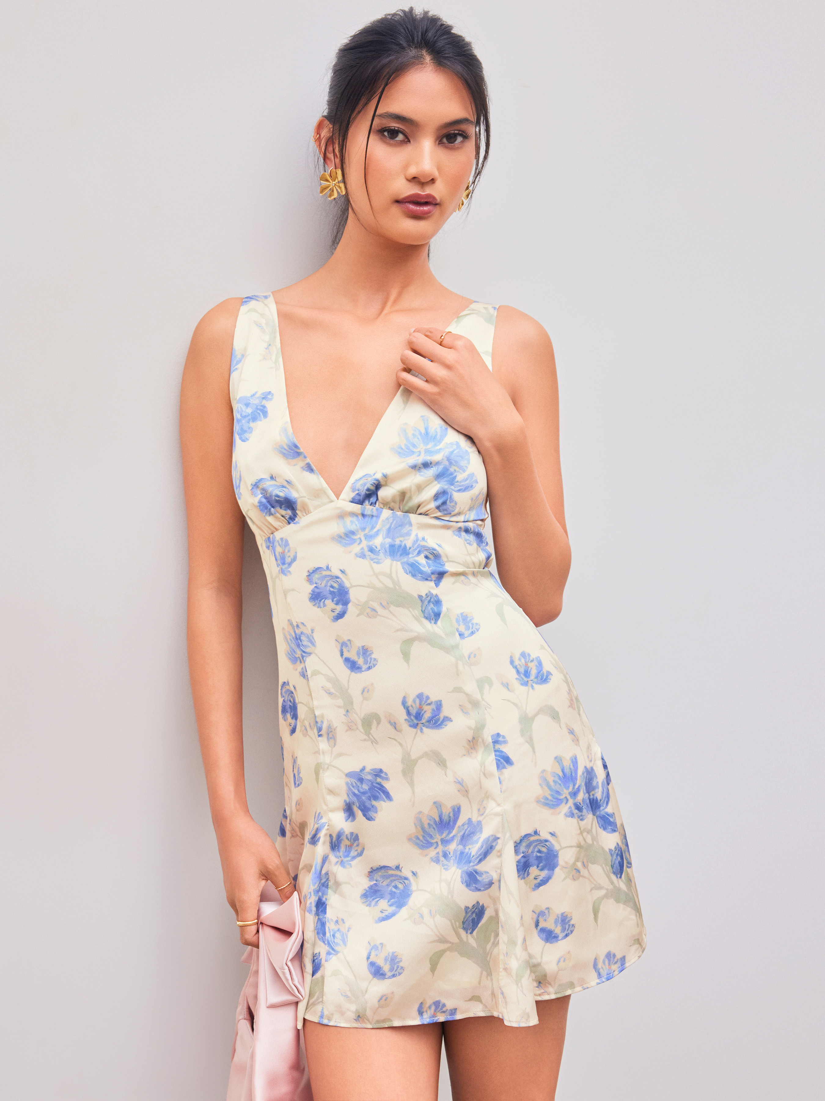 Woven V-neck Floral Knotted Mini Dress For Vacation | Cider