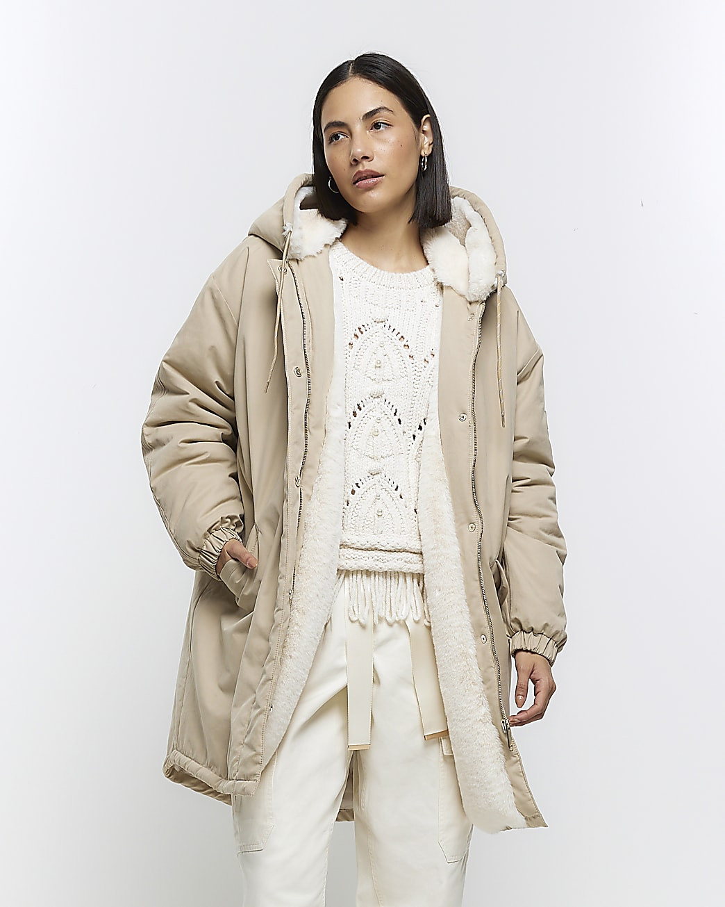 Cream faux fur lining parka coat | River Island (UK & IE)