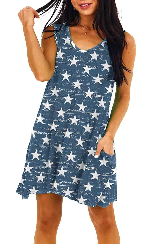 Deerose Women 4th of July Sleeeveless Dress Patriotic V Neck Tank Dresses with Pockets | Amazon (US)