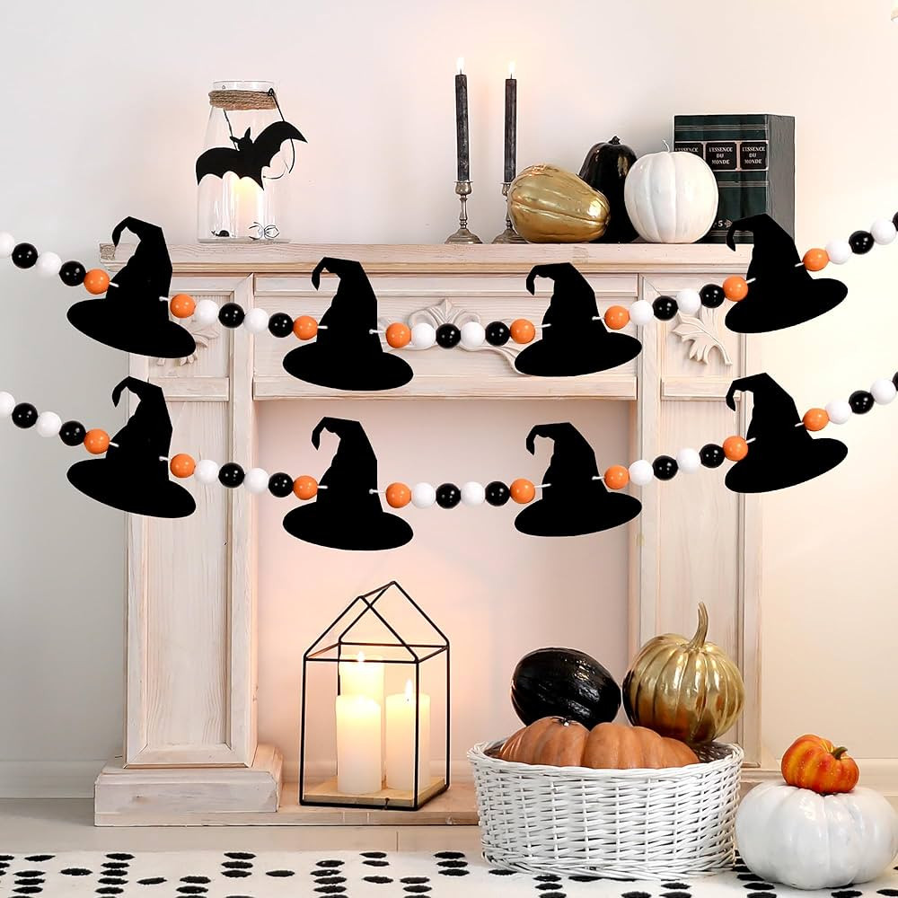Witch Halloween Garland, Felt Witch Decorations Halloween Wooden Beads Garland for Bedroom Haunte... | Amazon (US)
