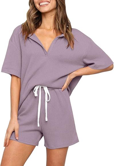 ZESICA Women's Ribbed Knit Pajama Sets Short Sleeve Top and Shorts Two Piece Sleepwear Sweatsuit Out | Amazon (US)