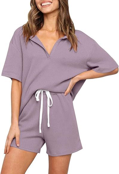 ZESICA Women's Ribbed Knit Pajama Sets Short Sleeve Top and Shorts Two Piece Sleepwear Sweatsuit Out | Amazon (US)