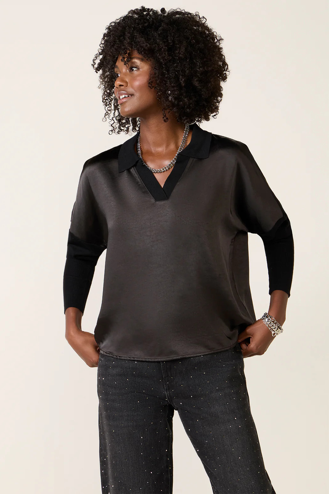 Tina Mixed Media Satin Top | Evereve