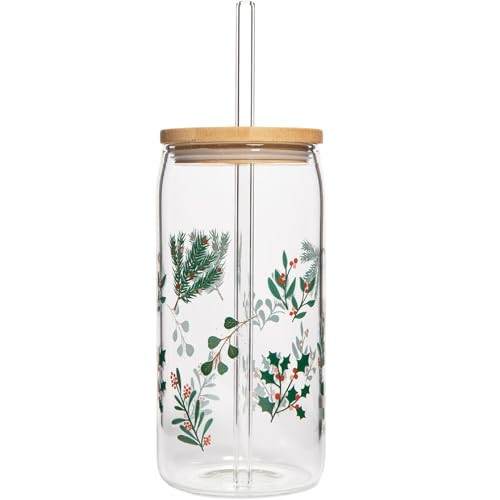 Sweet Water Decor Greenery Can Glasses with Lid and Straw Christmas Stocking Stuffers - Christmas Glasses Drinkware with Bamboo Lid for Iced Coffee & Cocktails - Christmas Themed Gifts Glass Can | Amazon (US)