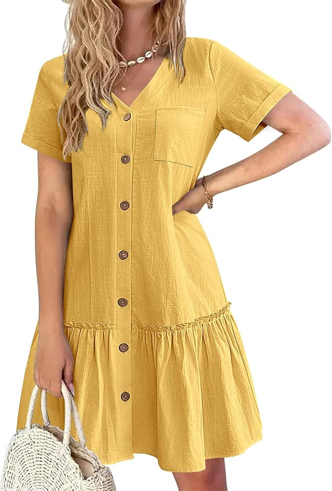 HOTOUCH Women Button Down Dress Loose Summer Cotton Linen Dress Ruffle Hem Casual Dress Short Sle... | Amazon (US)