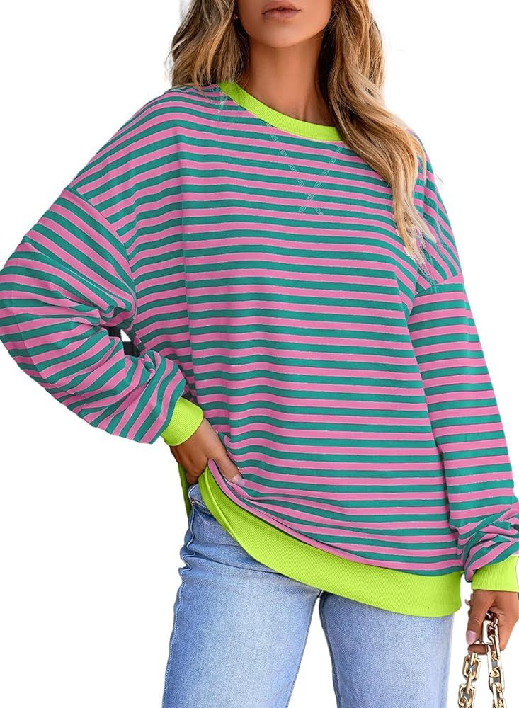 AlvaQ Womens Oversized Sweatshirt 2024 Casual Crewneck Long Sleeve Colorblock Striped Pullover Tu... | Amazon (US)