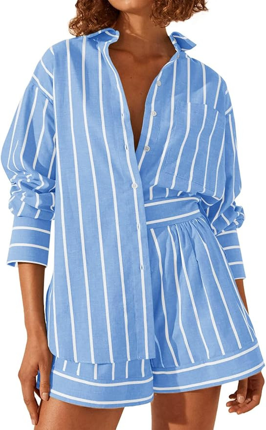 Amazon.com: Tankaneo Womens Striped 2 Piece Outfits Long Sleeve Button Down Collared Shirt Matchi... | Amazon (US)