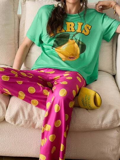 Chillnights Youthful Interesting Vibrant Text &amp; Lemon Print Colorblock Women Pajama Set For W... | SHEIN