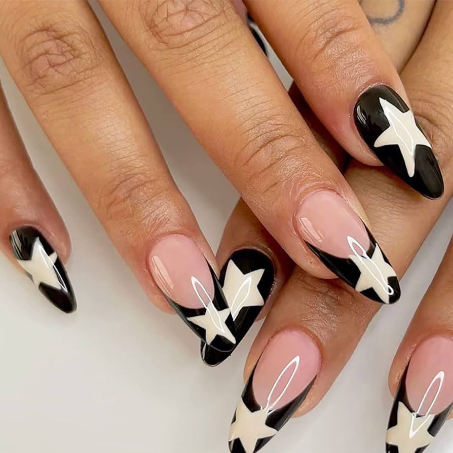Medium Length Press on Nails Almond French Fake Nails Glossy Full Cover Glue on Nails Acrylic Sta... | Amazon (US)