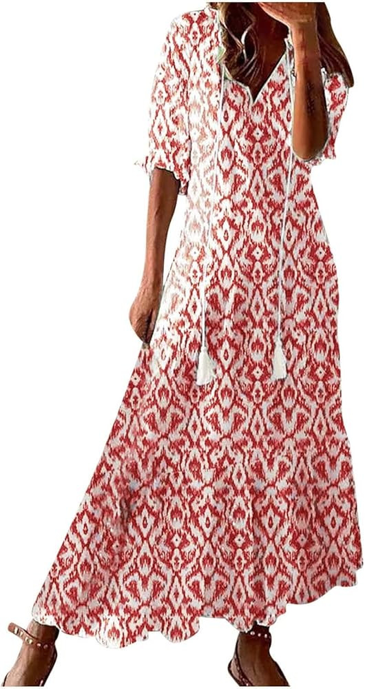 Boho Maxi Dresses for Women Half Sleeve V-Neck Summer Dress Flowy A-Line Baggy Dresses Geometric ... | Amazon (US)